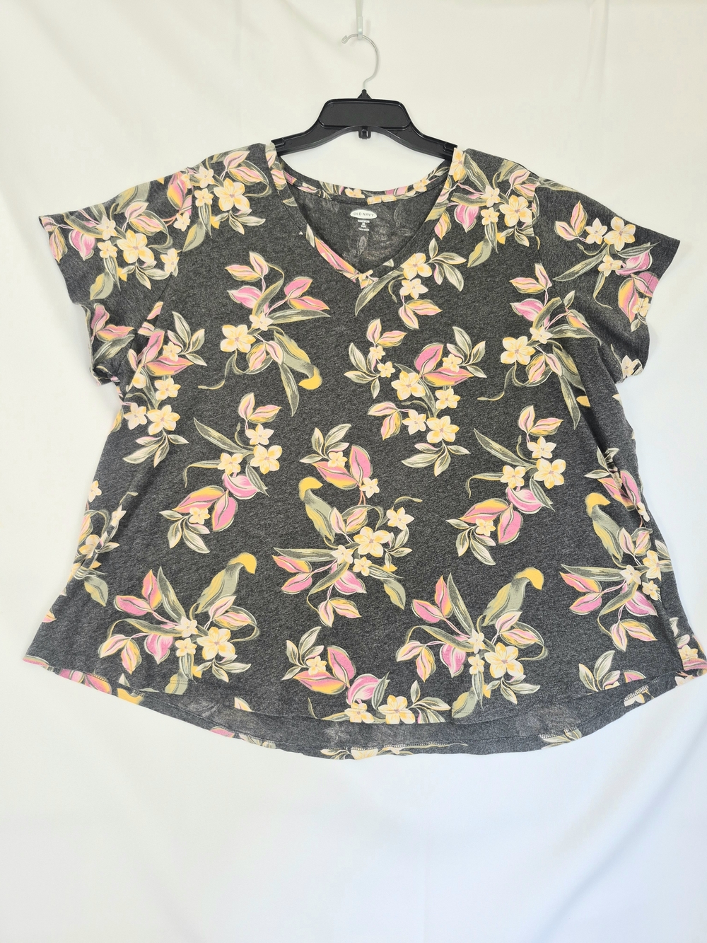 Old Navy Dark Gray Floral V-Neck Tee with Pink & Yellow Blooms
